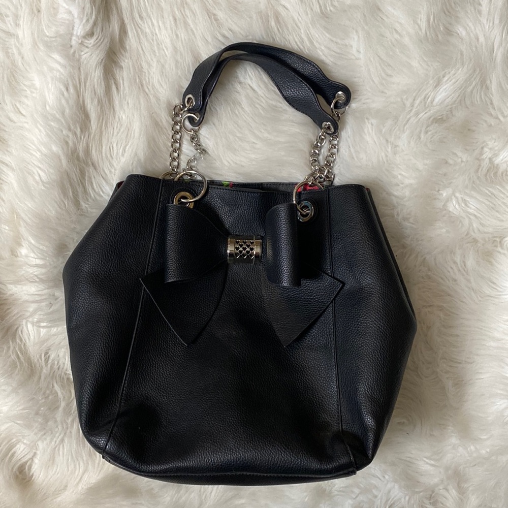 Betsey Johnson Oversized 2 for 1 Vegan Leather Rose Lined Bow Bag